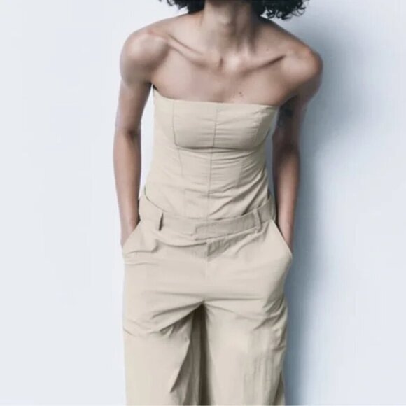 New Zara Caro Long Strapless Nylon Beige/Khaki Jumpsuit NWT Small - Picture 2 of 12